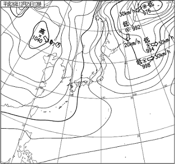 天気図_冬型の気圧配置による筋状の降水エコー