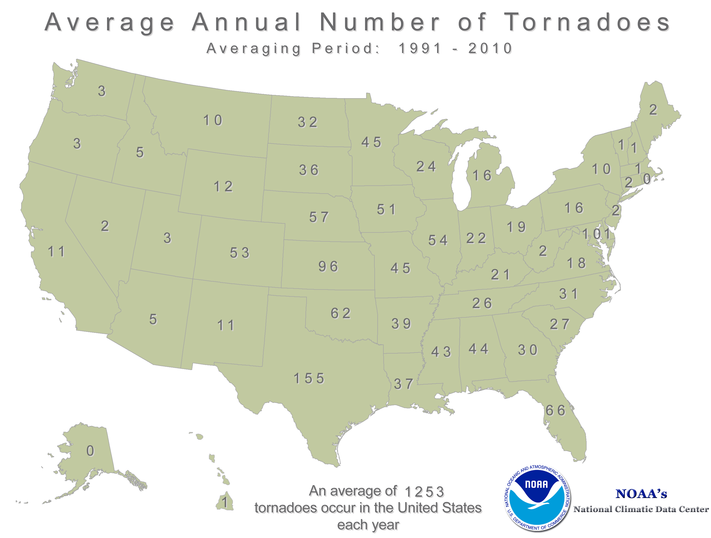 米国における竜巻の州別平均年間発生確認数
