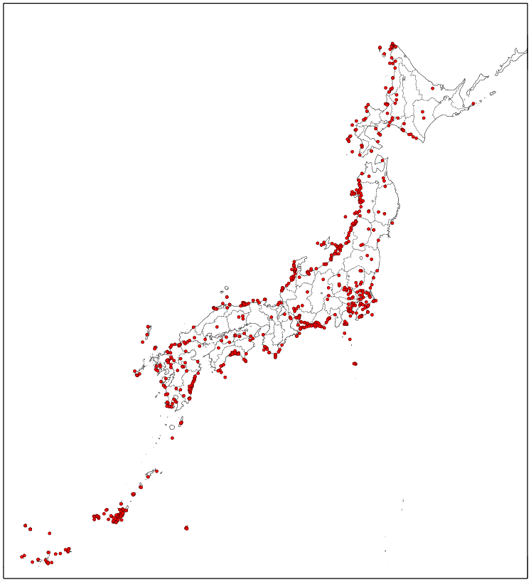 日本における竜巻の発生分布