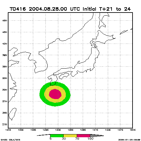 21～24時間の間に暴風域に入る確率分布図