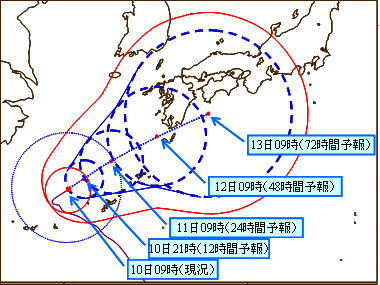 暴風警戒域を接線で表示した図