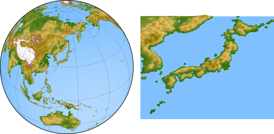 全球モデルの地形（右図は日本付近を拡大表示したもの）