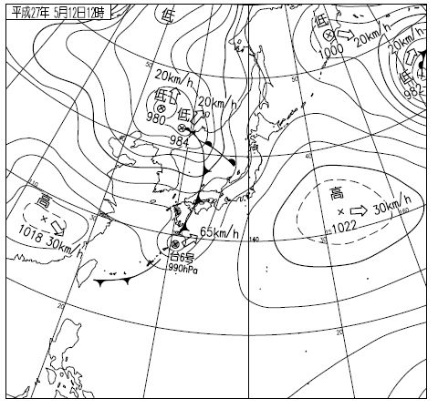 寒冷前線面通過時の天気図