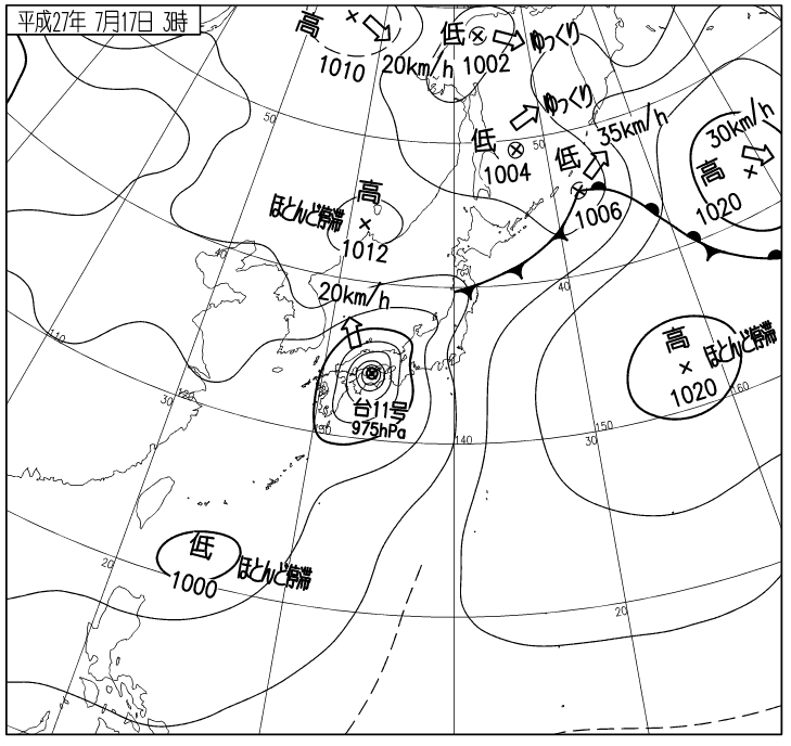 台風通過時の天気図