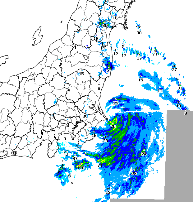 8月9日6時の関東地方付近におけるレーダー降水強度