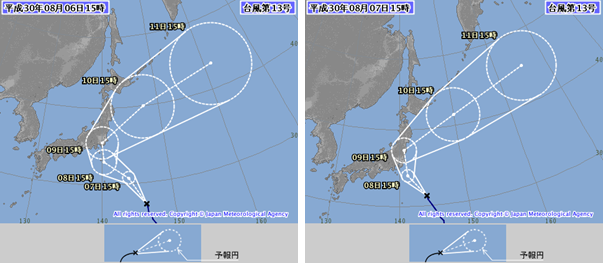 平成30年台風第13号の進路予報図