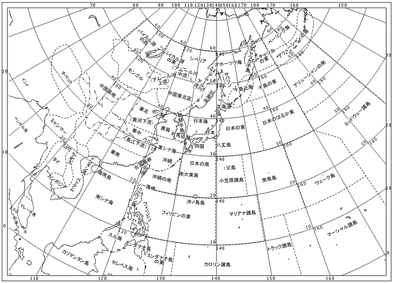 全般気象情報などに用いるアジア・北西太平洋域の地名、海域名の図