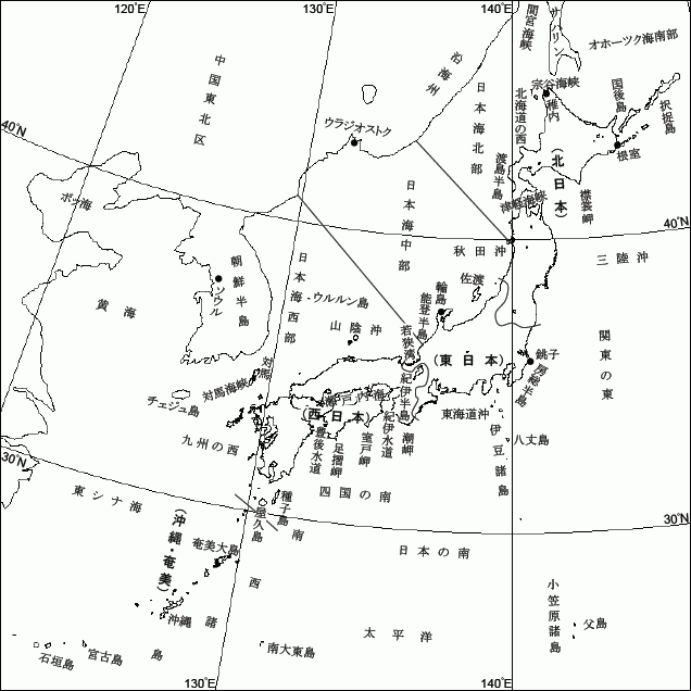 全般気象情報などに用いる日本付近の地名、海域名の図