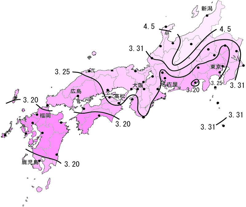 さくらの開花予想の等期日線図