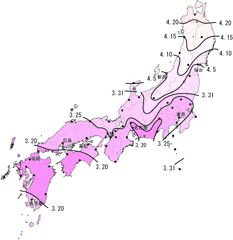 さくらの開花予想の等期日線図