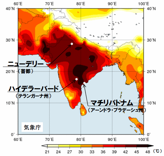 2015年5月21日から2015年5月31日までの11日間で平均した日最高気温の分布図