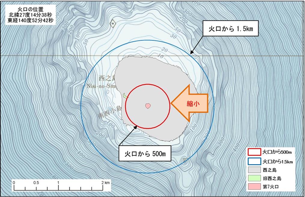 西之島の警戒が必要な範囲を表した地図（海上保安庁提供図に加筆）