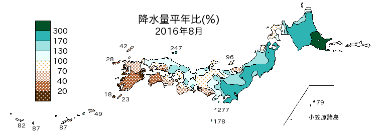 2016年8月の降水量平年比分布図
