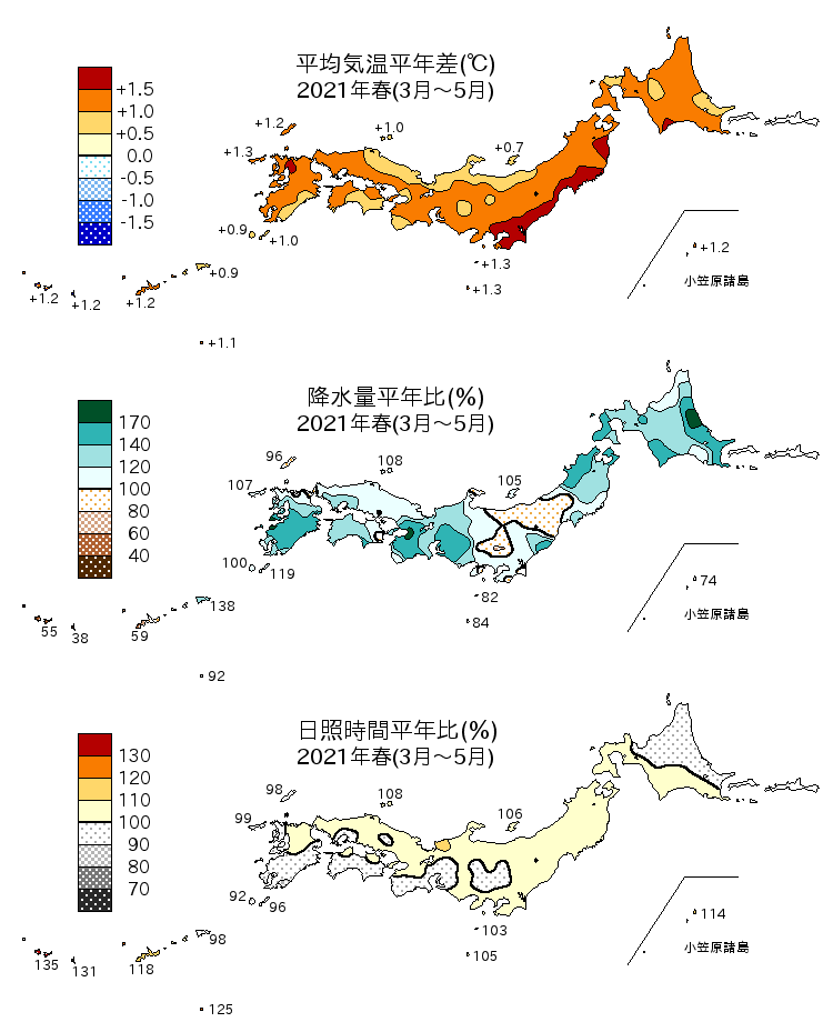 2021年（令和3年）春（3～5月）の平均気温・降水量・日照時間の平年差比図