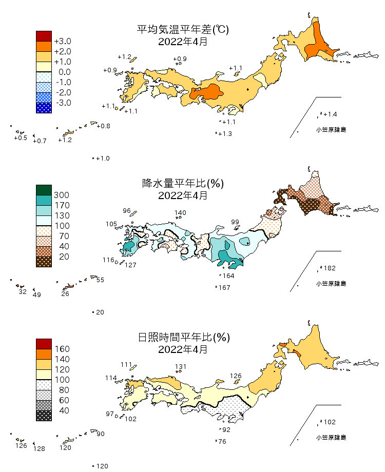 2022年4月の平均気温・降水量・日照時間の平年差比図