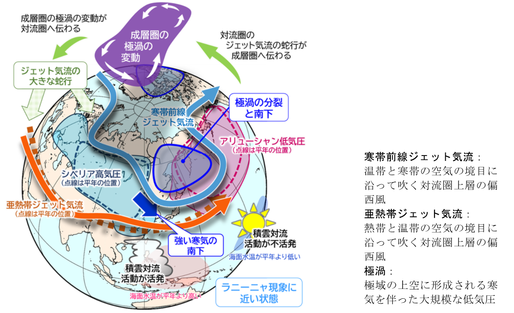 2月の寒波をもたらした大規模な大気の流れに関する模式図