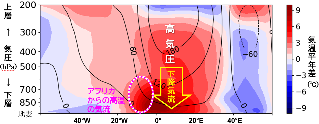 40˚N～55˚Nで平均した高度平年差（等値線）、気温平年差（色）の高度・経度断面図（6/21～6/28）